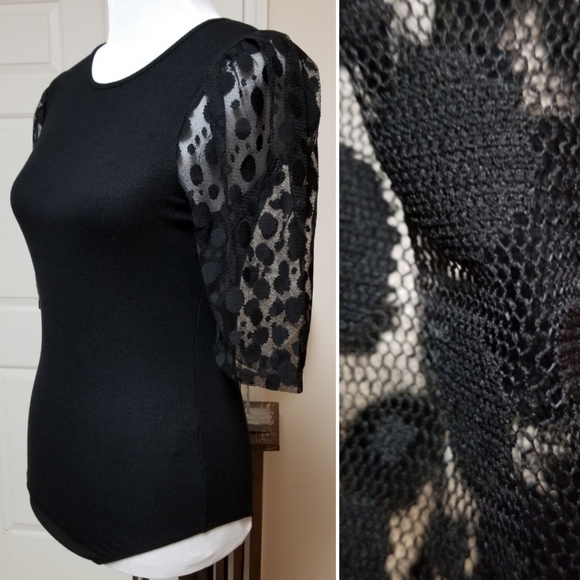 ๐๏ธโฌ๏ธ๐HOST PICK๐ Good Luck Gem Black Mesh Dot Sleeve Bodysuit - Picture 4 of 8